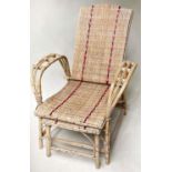 CONSERVATORY/TERRACE LOUNGE ARMCHAIR, 73cm W, mid 20th century French, bamboo framed and red striped