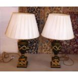 TABLE LAMPS, a pair, 70cm H green and gold, each with a cream shade. (2)