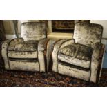 ARMCHAIRS, 76cm H x 84cm W, a pair, Art Deco style beechwood in a silvered crushed velvet with