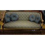 SETTEE, 160cm x 83cm H 19th century style black and gilt lacquer in patterned blue fabric with