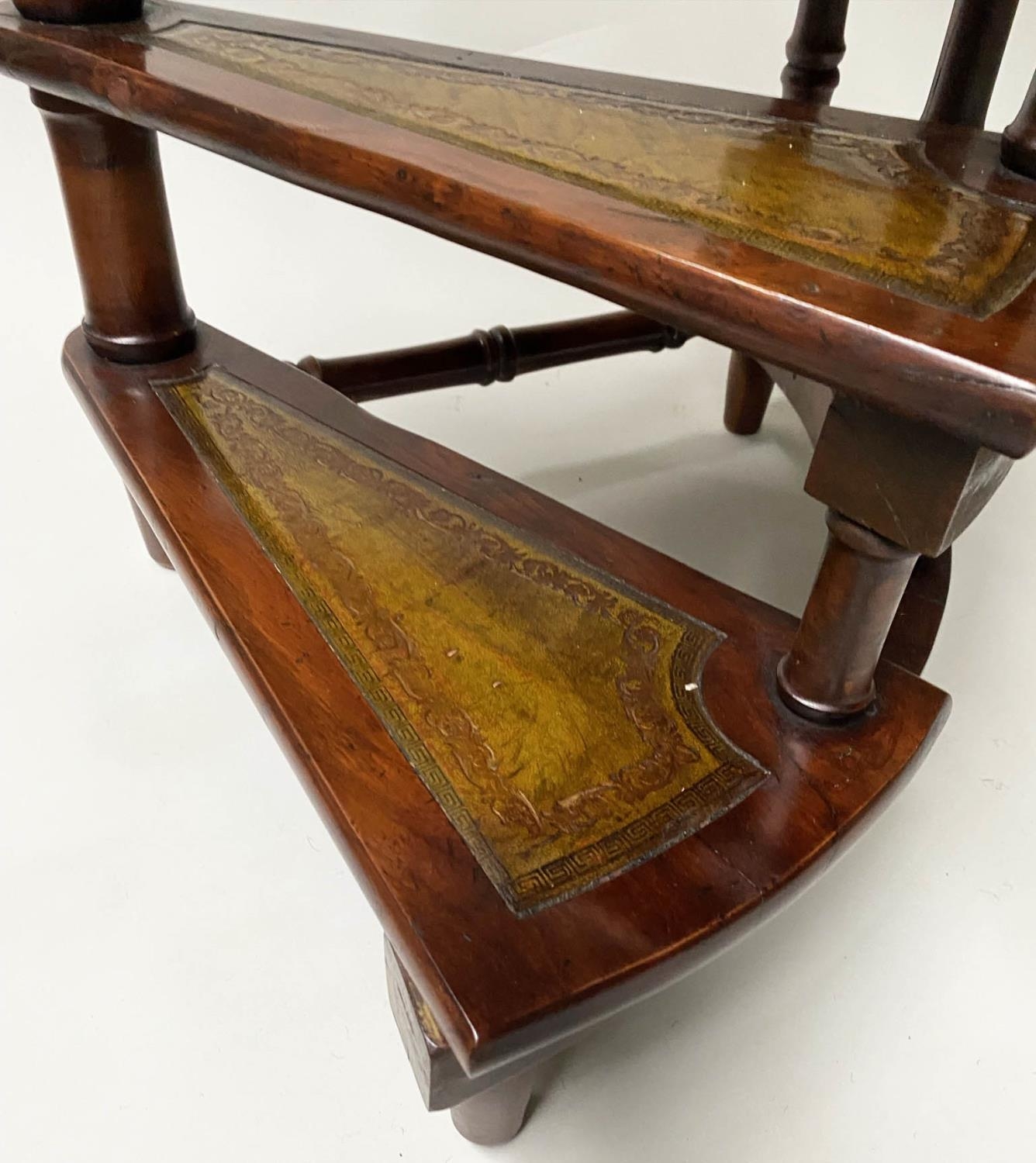 LIBRARY STEPS, a set, George III style spiral yewwood with four tooled green leather treads, 116cm H - Image 5 of 6