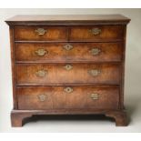 CHEST, 18th century English Queen Anne figured walnut with two short and three long drawers, 103cm x