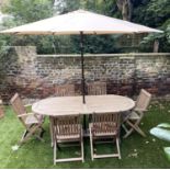 GARDEN SUITE, weathered teak rounded rectangular slatted with six chairs and sun parasol, 200cm x