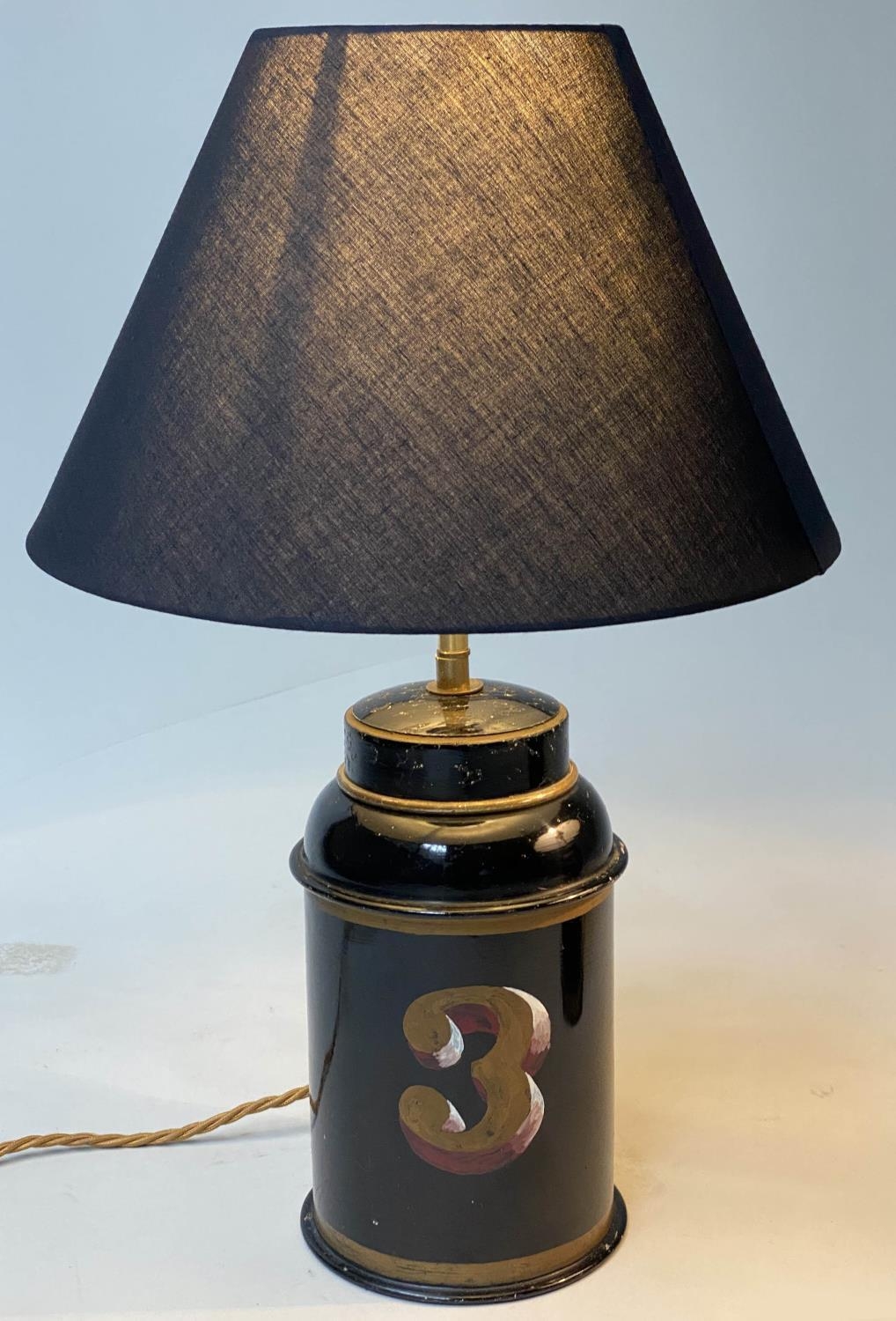 TEA CANNISTER LAMPS, a pair, painted toleware early 20th century adapted with shades, 48cm H. (2) - Image 7 of 7