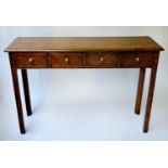 HALL TABLE, George III design burr walnut and crossbanded rectangular with four short drawers, 110cm