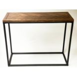 CONSOLE TABLE, rectangular chevron parquet top on black metal frame, 100cm x 37cm x 81cm H.