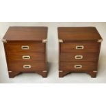 CAMPAIGN STYLE BEDSIDE CHESTS, 51cm W x 41cm D x 55cm H, a pair, mahogany and brass bound, each with