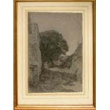 MANNER OF JEAN BAPTISTE CAMILLE COROT 'Lane past Farm Buildings', crayon en grisaille, 42cm x