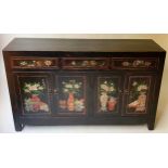 CHINESE SIDE CABINET, 156cm x 45cm D x 93cm H, Chinese polychrome, black lacquer, with three drawers