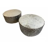 LOW TABLES, a pair, 1970's Italian design, silvered pebble design bases with marble tops, 31cm H x