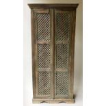INDIAN CUPBOARD, vintage North Indian distressed green painted and iron studded with lattice
