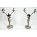 FIGURAL CANDLESTICKS, a pair, Art Nouveau pewter, marked to base, 35cm H. (2)