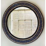 WALL MIRROR, circular blue and parchment cream tiled lattice work, 94cm W.