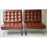 BARCELONA STYLE CHAIRS, a pair, buttoned tan leather on chromed steel X frame supports, 76cm W. (2)