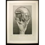 AFTER MAURITS CORNELIS ESCHER, 'Hand with sphere', black and white print, 70cm x 50cm, framed.