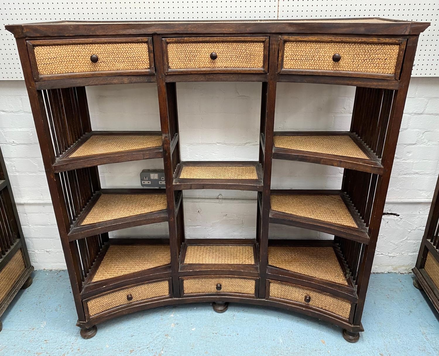 CONCAVE OPEN DISPLAY SHELVES, a set of three, South East Asian rattan and hardwood, largest 129cm - Image 5 of 12