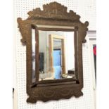 WALL MIRROR, 85cm x 62cm, 20th century with a brass repoussé frame.