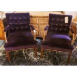 FAUTEUILS, a pair, each 65cm W, in purple velvet with contrasting velvet backs, and a pair of side
