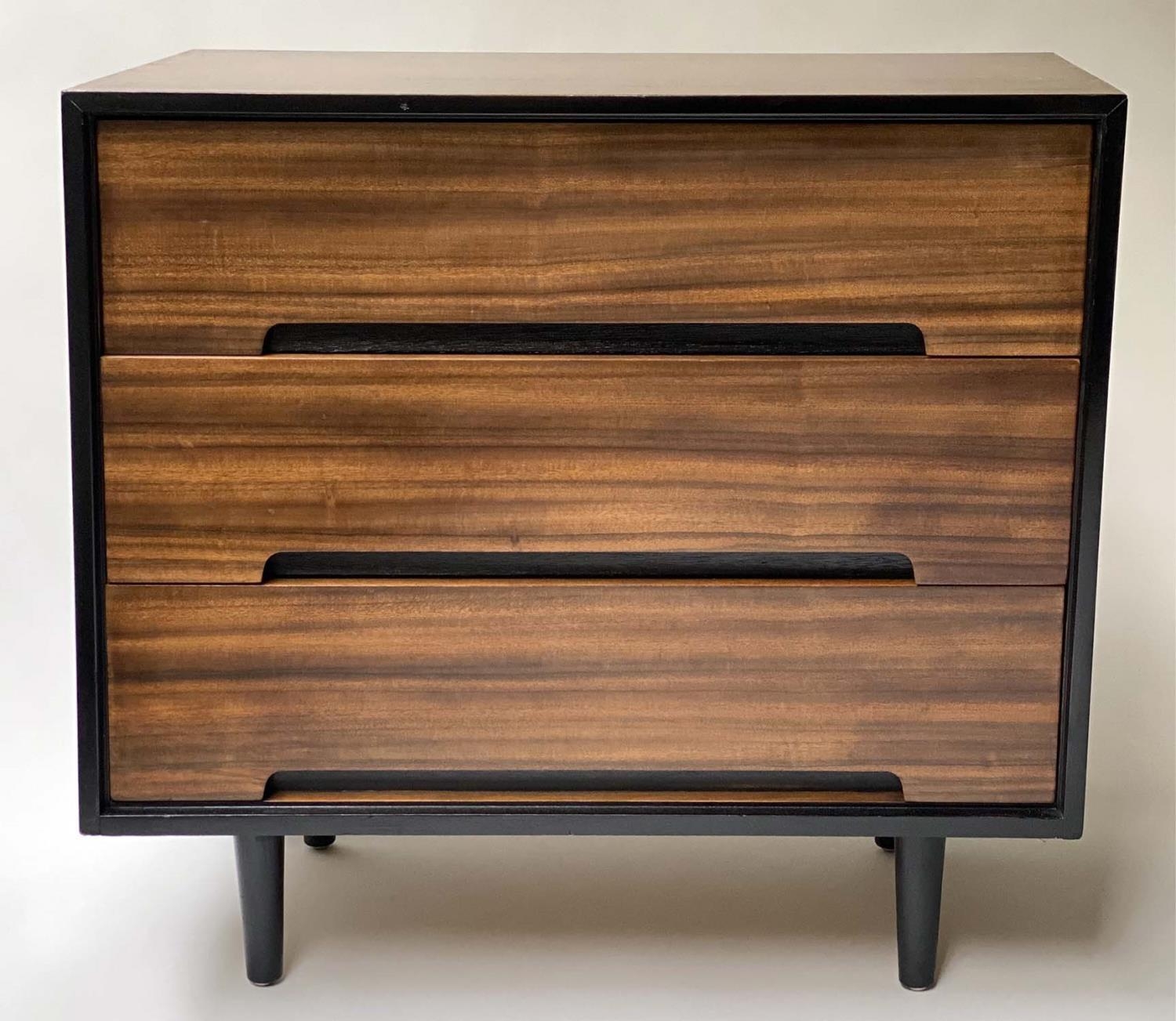 CHEST, 1960's exotic wood and ebonised with three long drawers, 46cm x 76cm H x 74cm H.