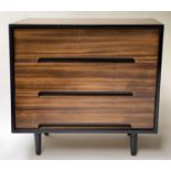 CHEST, 1960's exotic wood and ebonised with three long drawers, 46cm x 76cm H x 74cm H.