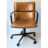 REVOLVING DESK CHAIR, stitched panelled tan leather revolving and reclining on an adjustable base