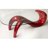 LOW TABLE, oval glazed on figurative red resin support, 125cm x 70cm x 39cm H.