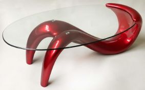 LOW TABLE, oval glazed on figurative red resin support, 125cm x 70cm x 39cm H.