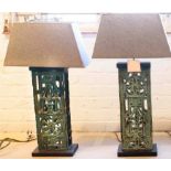 TABLE LAMPS, two 72cm H and 68cm H verdigris, each with a grey shade. (2)