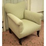 ARMCHAIR, 81cm H x 75cm W x 66cm D, Victorian in ticking fabric, on castors.