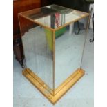 MIRRORED PEDESTAL, 61cm W x 61cm D x 89cm H, with distressed gilt detail and plinth.