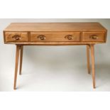 ERCOL WRITING TABLE, solid elm three drawer with splayed tapering supports, 114cm x 47cm x 75cm H.