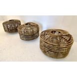 BAMBOO CANDLE LANTERNS, a set of three, glass inserts, 30cm H x 38cm diam. (3)