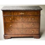 COMMODE, 19th century French Louis Philippe figured walnut with marble top above four long