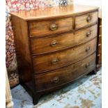 BOWFRONT CHEST, 108cm H x 58cm x 112cm, Regency mahogany of five drawers.