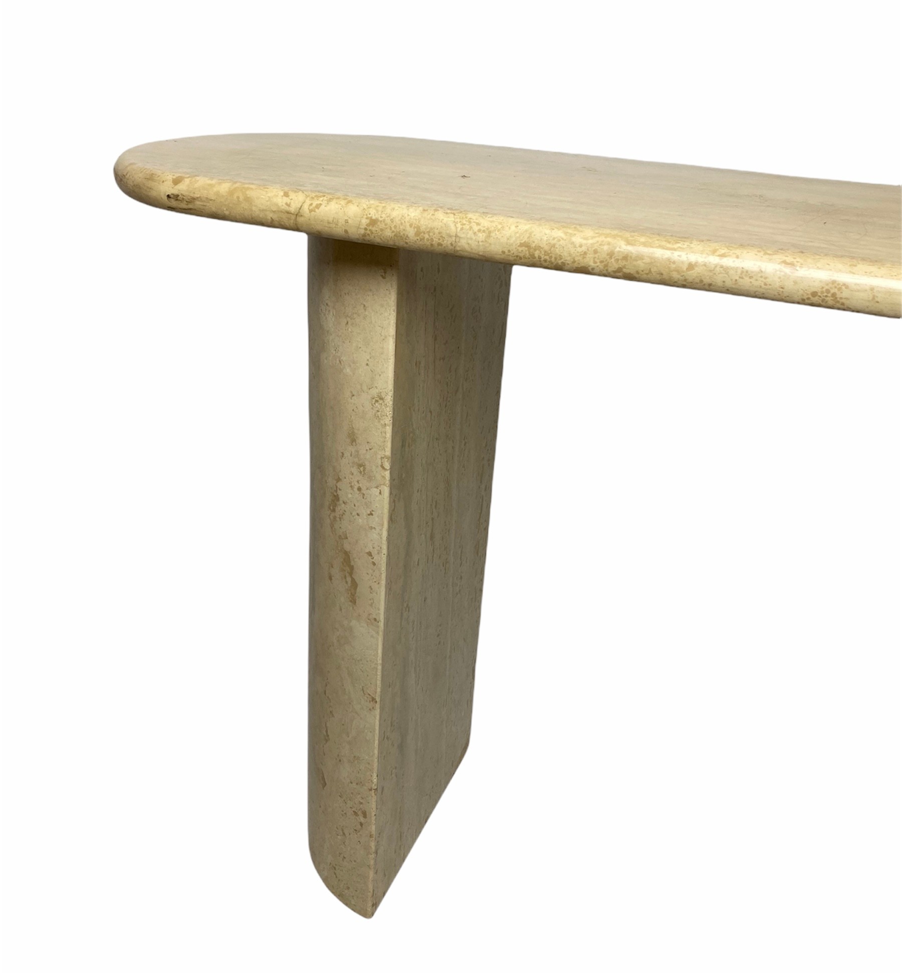 TRAVERTINE CONSOLE TABLE, 1970's rounded top on a twin plinth base, 73cm H x 130cm x 40cm. - Image 3 of 4