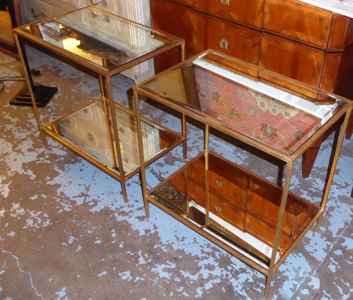 OKA MIRRORED SIDE TABLES, a pair, 60cm W x 62cm H x 40cm D two tier gilt metal framed, each tier - Image 2 of 3