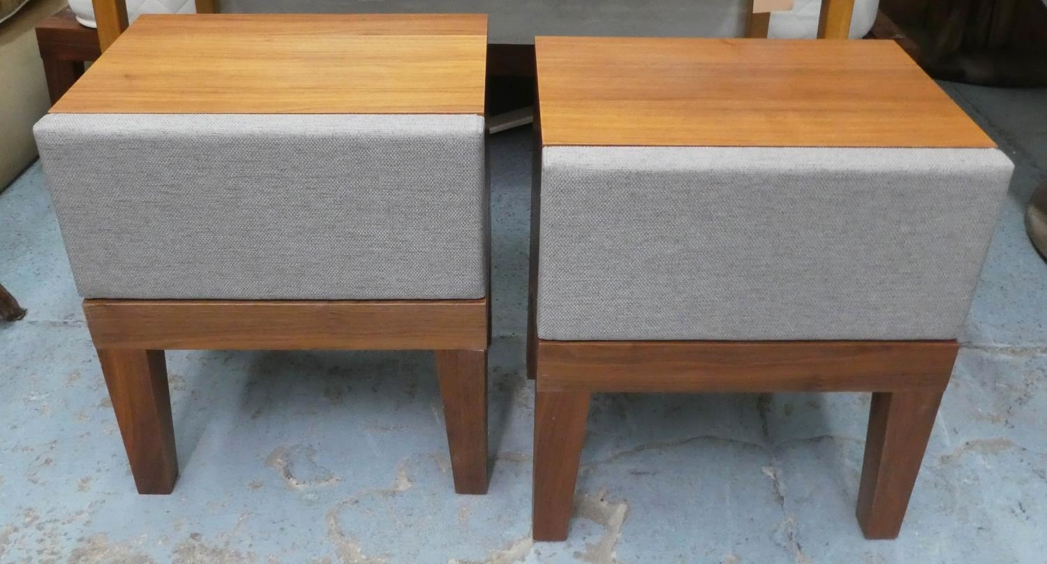 BED SIDE TABLES, a pair, 45cm x 35cm x 52cm, with one drawer each, upholstered detail. (2)