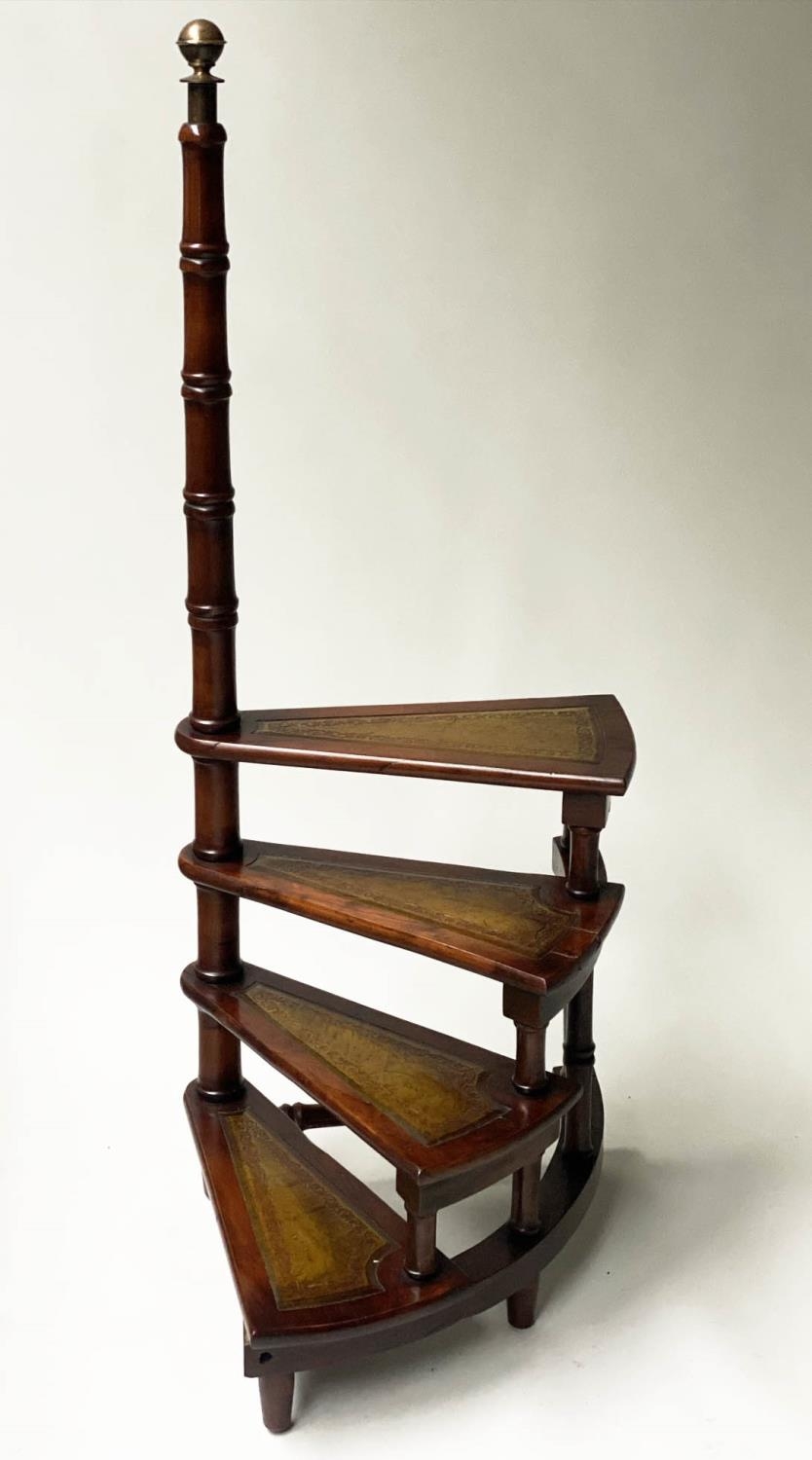 LIBRARY STEPS, a set, George III style spiral yewwood with four tooled green leather treads, 116cm H