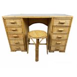 DRESSING TABLE/DESK, 1970's rattan and bamboo with ten drawers and a matching stool, 69cm H x