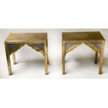 OCCASIONAL TABLES, a pair, rectangular, embossed repoussé brass, with zinc/lead detail and arched