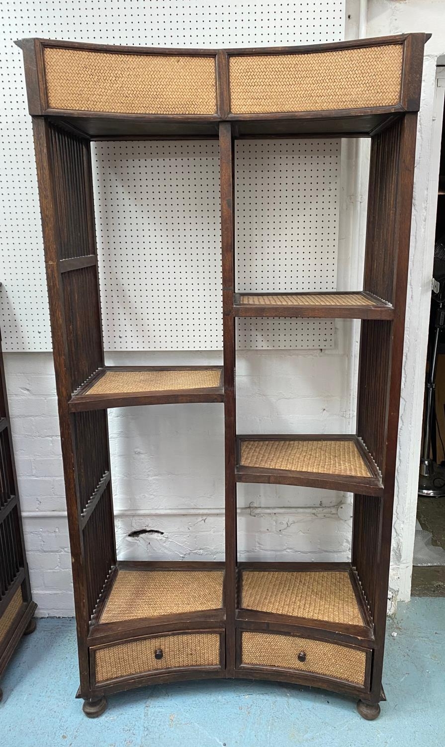 CONCAVE OPEN DISPLAY SHELVES, a set of three, South East Asian rattan and hardwood, largest 129cm - Image 4 of 12