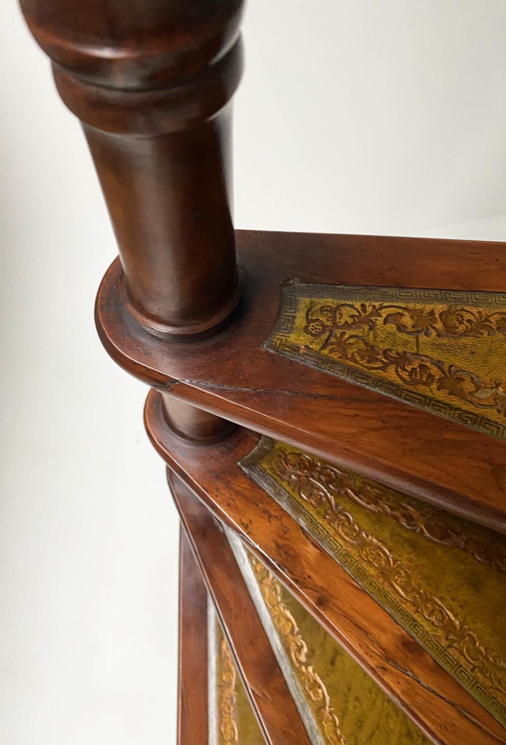 LIBRARY STEPS, a set, George III style spiral yewwood with four tooled green leather treads, 116cm H - Image 4 of 6