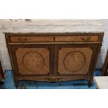 SIDE CABINET, 140cm x 48cm x 93cm, Louis XV style marquetry and gilt metal mounted with marble top