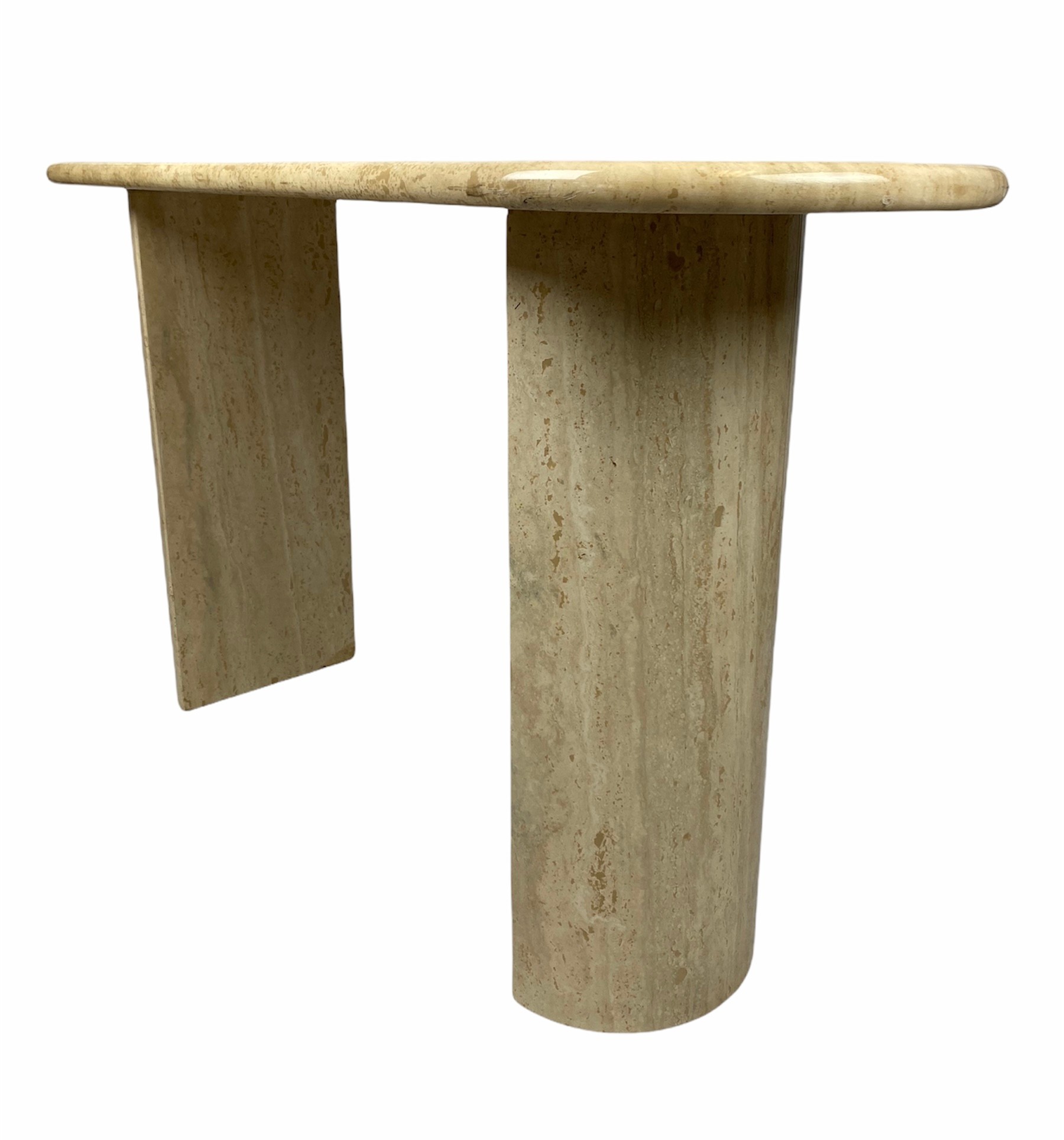 TRAVERTINE CONSOLE TABLE, 1970's rounded top on a twin plinth base, 73cm H x 130cm x 40cm. - Image 2 of 4