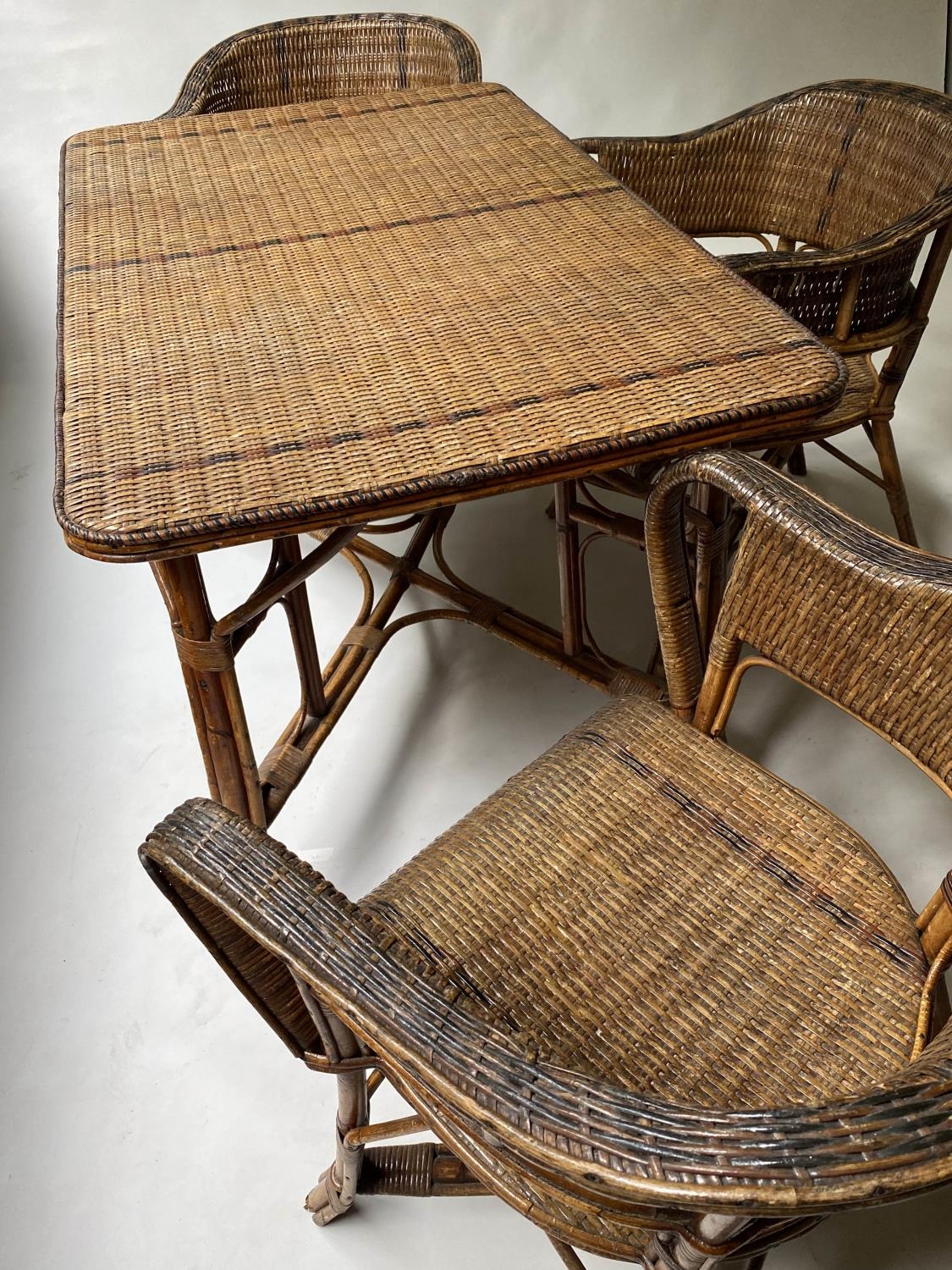 TERRACE TABLE AND CHAIRS, rectangular table 73cm H x 127cm W x 77cm D,vintage, two tone rattan and - Image 2 of 7