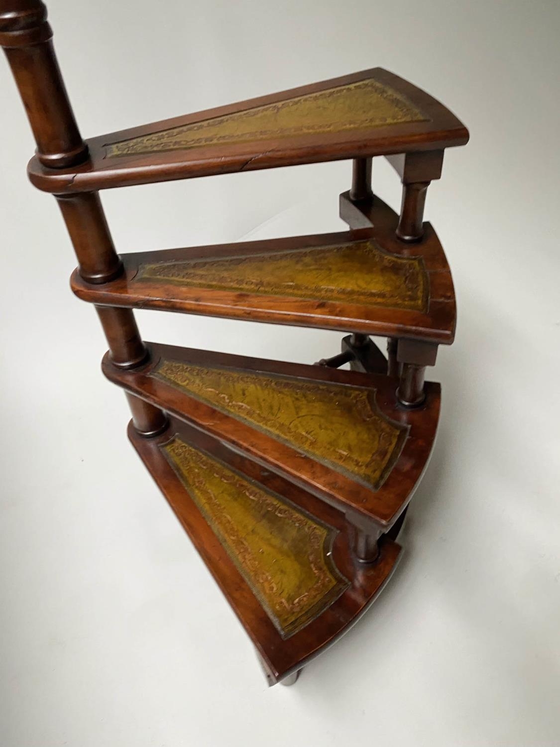 LIBRARY STEPS, a set, George III style spiral yewwood with four tooled green leather treads, 116cm H - Image 6 of 6