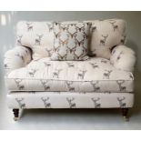 SOFA, George Smith style with seat and back cushions in reindeer print cotton and front castor
