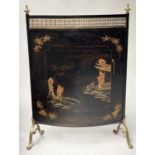 FIRESCREEN, mid 20th century bowed black enameled metal with gilt Chinoiserie decoration and pierced