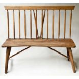 BENCH, 127cm W, English elm and oak, with rustic form seat and stick back.