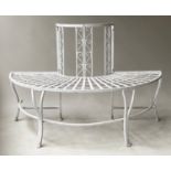 TREE BENCH, vintage semi circular white painted bent and wrought iron with scroll detail upstand,